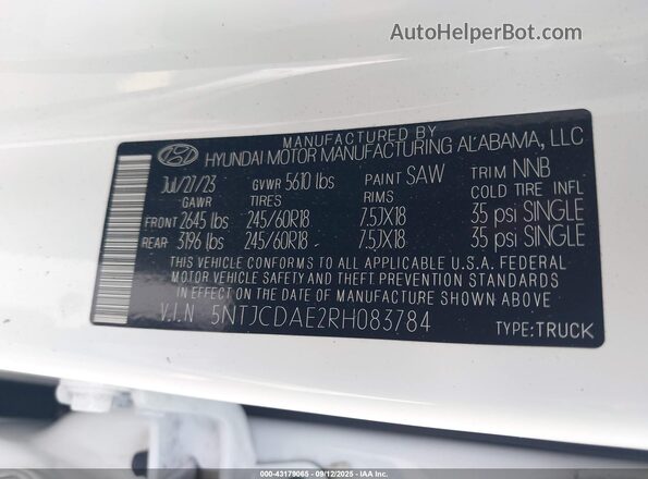 5NTJCDAE2RH083784 2024 HYUNDAI SANTA CRUZ White ძრავის განყოფილების ხედი