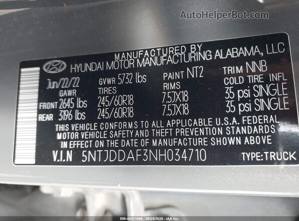 5NTJDDAF3NH034710 2022 HYUNDAI SANTA CRUZ Gray Widok komory silnika