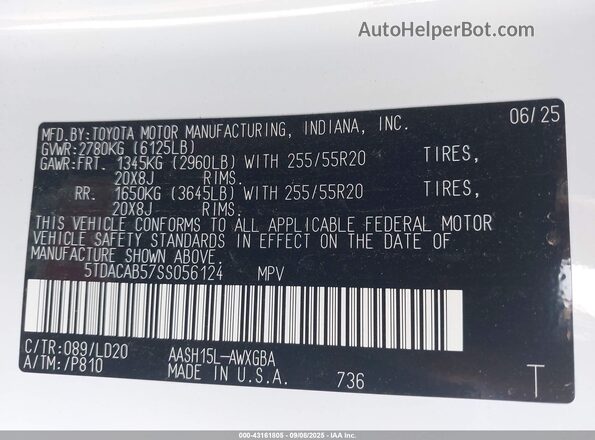 5TDACAB57SS056124 2025 TOYOTA HIGHLANDER HYBRID White Вид підкапотного простору