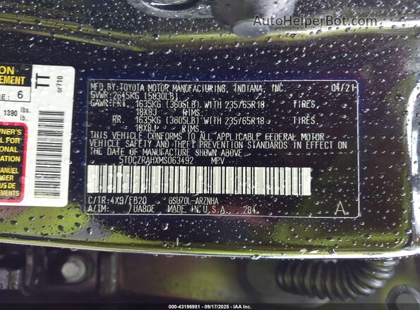 5TDCZRAHXMS063492 2021 TOYOTA HIGHLANDER Черный Вид подкапотного пространства
