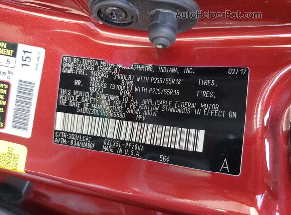 5TDDZ3DC1HS166680 2017 TOYOTA LE Burgundy VIN კოდის სტიკერის ხედი