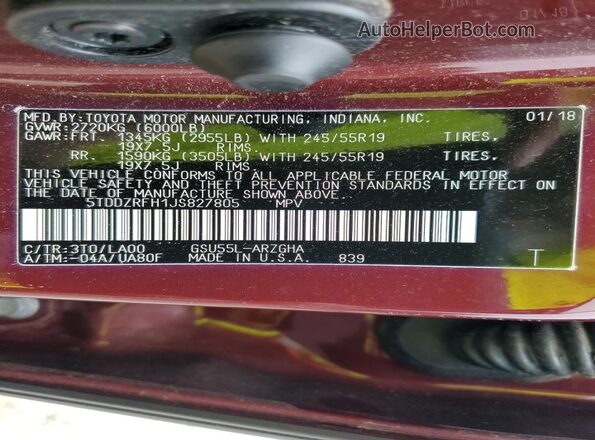 5TDDZRFH1JS827805 2018 TOYOTA LIMITED Red Панорамний вид салону 360°