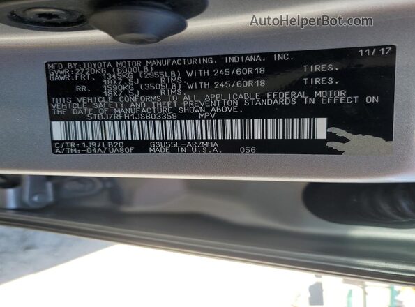 5TDJZRFH1JS803359 2018 TOYOTA HIGHLANDER Silver Панорамний вид салону 360°