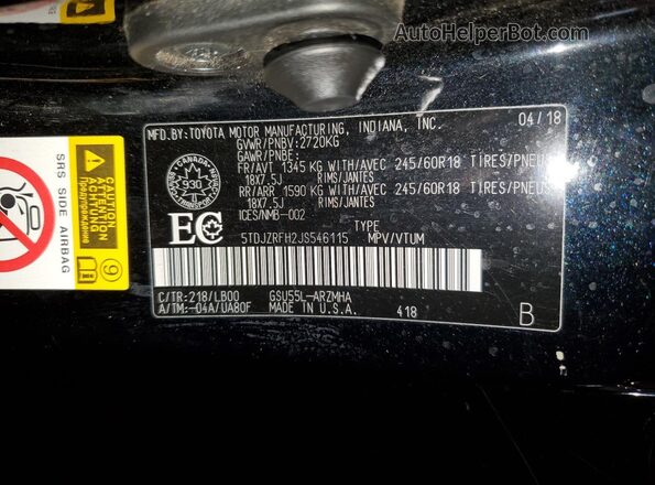 5TDJZRFH2JS546115 2018 TOYOTA HIGHLANDER Black Vista de la etiqueta del VIN