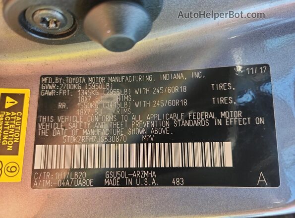 5TDKZRFH7JS530870 2018 TOYOTA HIGHLANDER Gray VIN sticker view