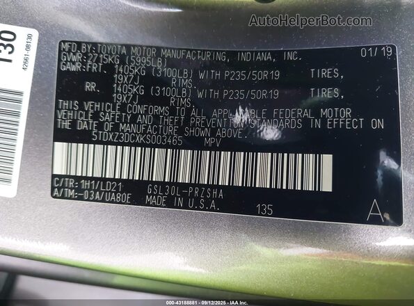 5TDXZ3DCXKS003465 2019 TOYOTA SIENNA Серый Вид подкапотного пространства