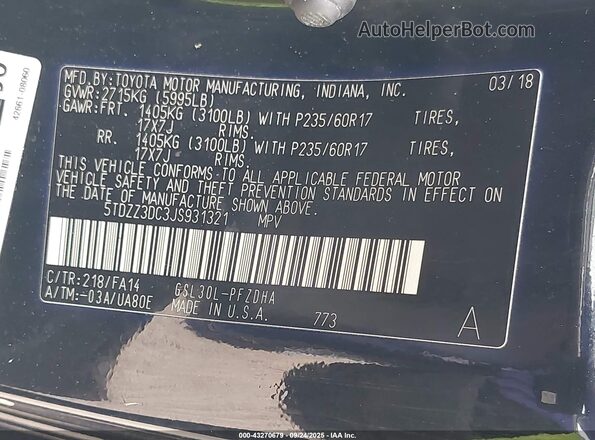 5TDZZ3DC3JS931321 2018 TOYOTA SIENNA Черный Вид подкапотного пространства