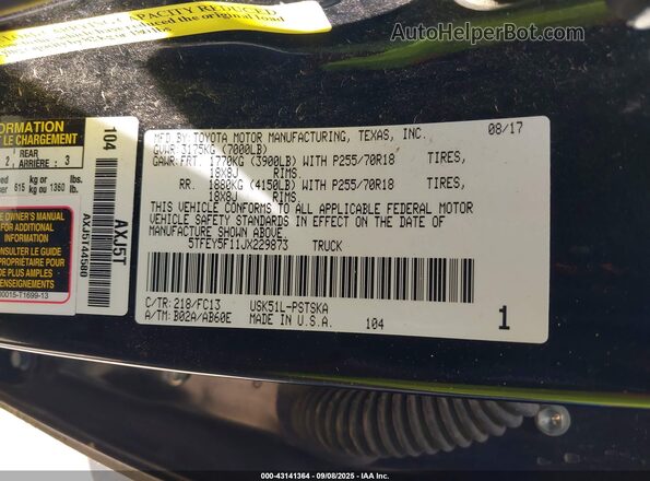 5TFEY5F11JX229873 2018 TOYOTA TUNDRA Black ძრავის განყოფილების ხედი