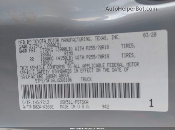 5TFEY5F16LX268106 2020 TOYOTA TUNDRA Серый Вид подкапотного пространства