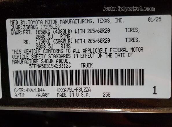 5TFMA5DB1SX283123 2025 TOYOTA TUNDRA Коричневый Вид наклейки с VIN-кодом