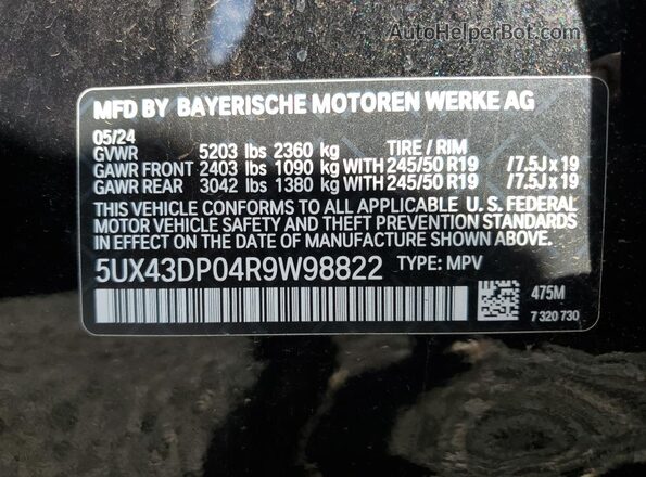 5UX43DP04R9W98822 2024 BMW X3 Black Widok naklejki z numerem VIN