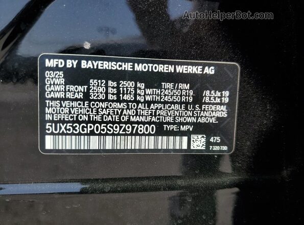 5UX53GP05S9Z97800 2025 BMW X3 Черный Вид наклейки с VIN-кодом