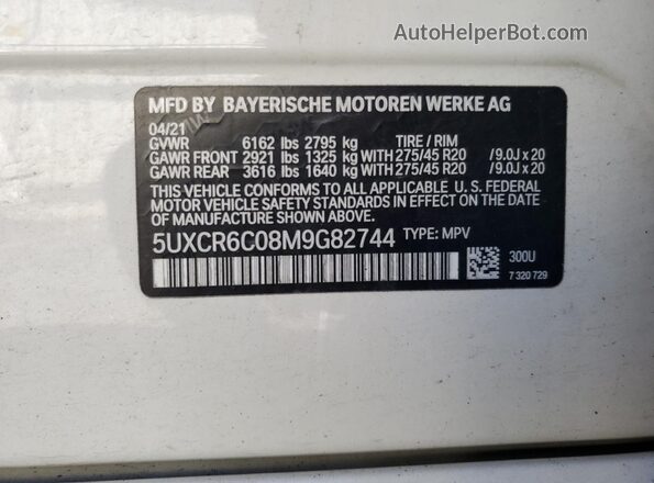 5UXCR6C08M9G82744 2021 BMW X5 White Вид наклейки з VIN-кодом