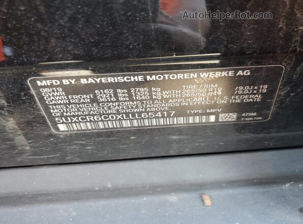 5UXCR6C0XLLL65417 2020 BMW X5 Black VIN კოდის სტიკერის ხედი