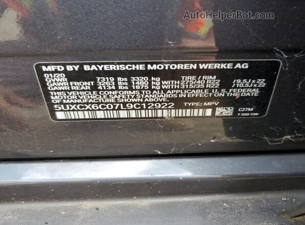 5UXCX6C07L9C12922 2020 BMW X7 Gray Widok naklejki z numerem VIN
