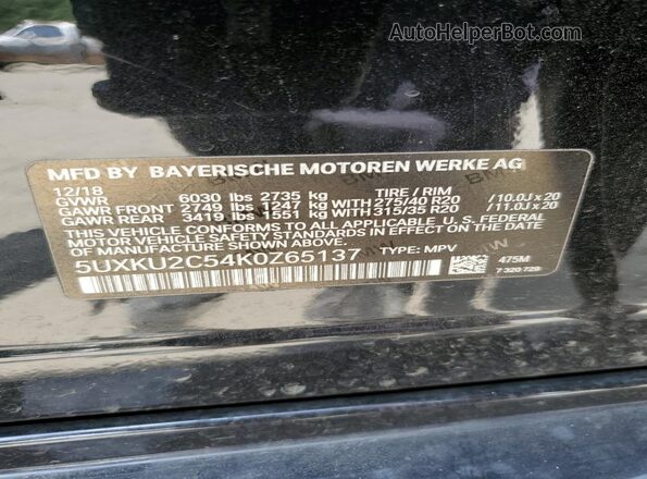 5UXKU2C54K0Z65137 2019 BMW X6 Черный Вид наклейки с VIN-кодом
