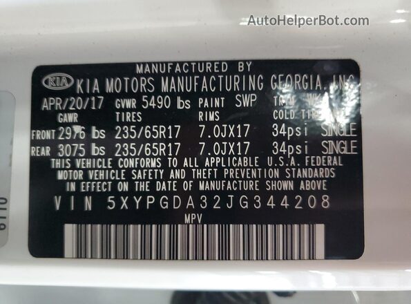 5XYPGDA32JG344208 2018 KIA SORENTO Белый Панорамный вид салона 360°