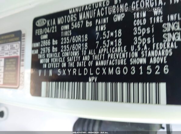 5XYRLDLCXMG031526 2021 KIA SORENTO White Engine compartment view