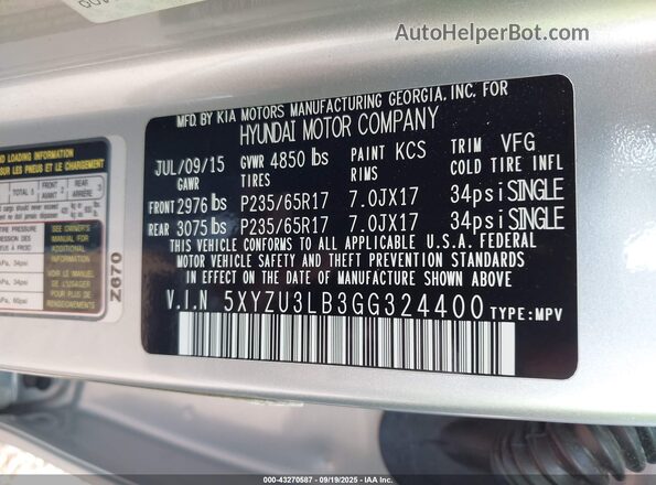 5XYZU3LB3GG324400 2016 HYUNDAI SANTA FE SPORT Серебряный Вид подкапотного пространства
