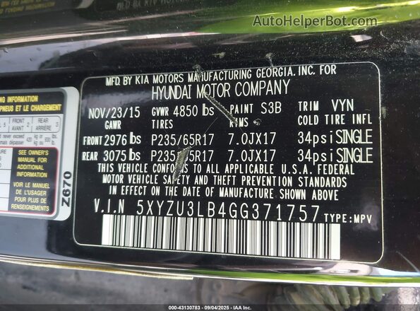5XYZU3LB4GG371757 2016 HYUNDAI SANTA FE SPORT Черный Вид подкапотного пространства