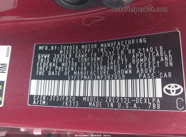 5YFEPMAE3NP387059 2022 TOYOTA LL Красный Вид подкапотного пространства