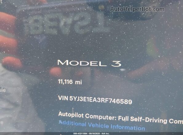 5YJ3E1EA3RF746589 2024 TESLA MODEL 3 Черный Панорамный вид салона 360°