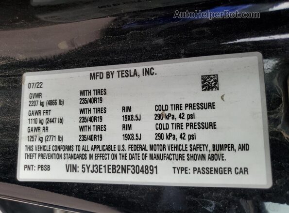 5YJ3E1EB2NF304891 2022 TESLA MODEL Черный Вид подкапотного пространства