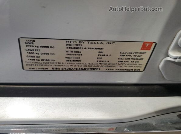 5YJSA1E46JF293221 2018 TESLA MODEL Белый Вид наклейки с VIN-кодом