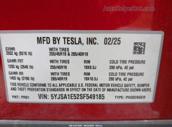 5YJSA1E52SF549185 2025 TESLA MODEL S Красный Вид подкапотного пространства