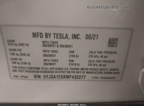 5YJSA1E5XMF432277 2021 TESLA MODEL S Белый Вид подкапотного пространства