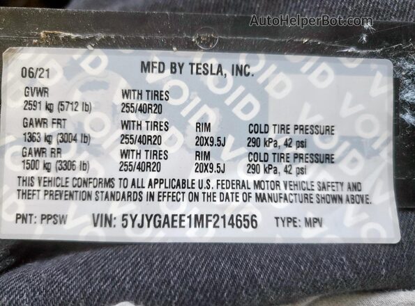 5YJYGAEE1MF214656 2021 TESLA MODEL Белый Вид подкапотного пространства