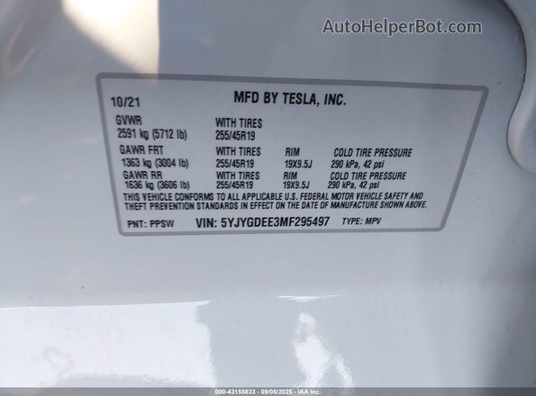 5YJYGDEE3MF295497 2021 TESLA MODEL Y White Вид підкапотного простору