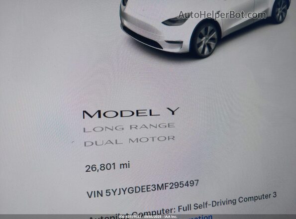 5YJYGDEE3MF295497 2021 TESLA MODEL Y White Вид задніх сидінь