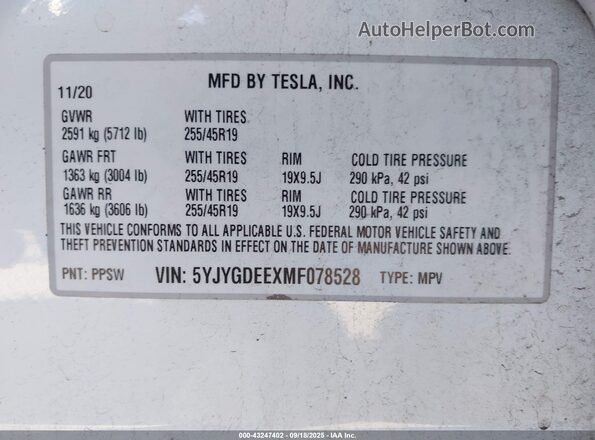 5YJYGDEEXMF078528 2021 TESLA MODEL Y White ძრავის განყოფილების ხედი