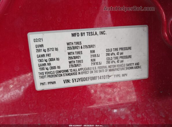 5YJYGDEF0MF141015 2021 TESLA MODEL Y Red Вид підкапотного простору