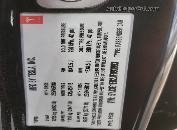 5YJ3E1EB2JF093993 2018 TESLA MODEL 3 Black Widok naklejki z numerem VIN