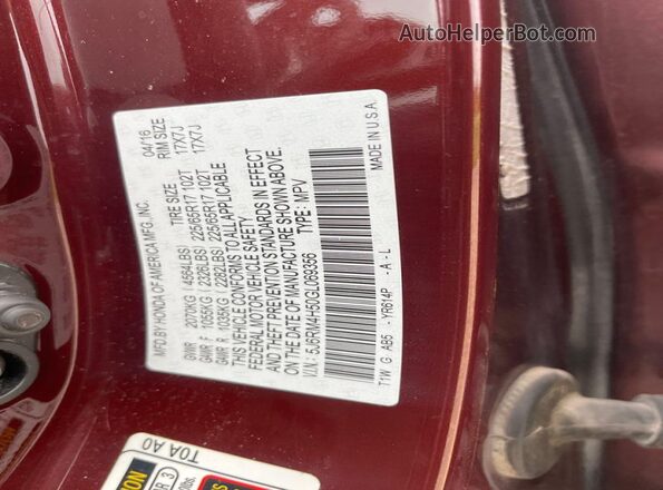 5J6RM4H50GL069356 2016 HONDA CRV Maroon Widok wnętrza z tyłu