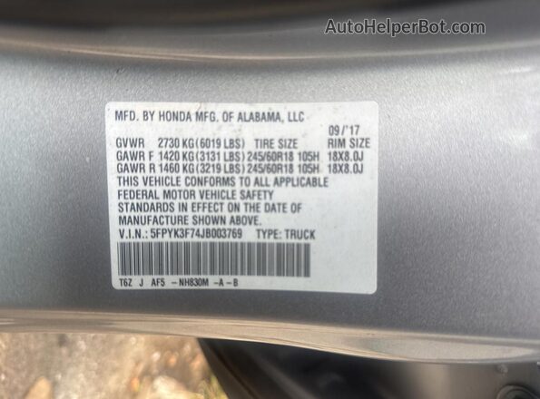 5FPYK3F74JB003769 2018 HONDA RIDGELINE Silver Vista interior trasera