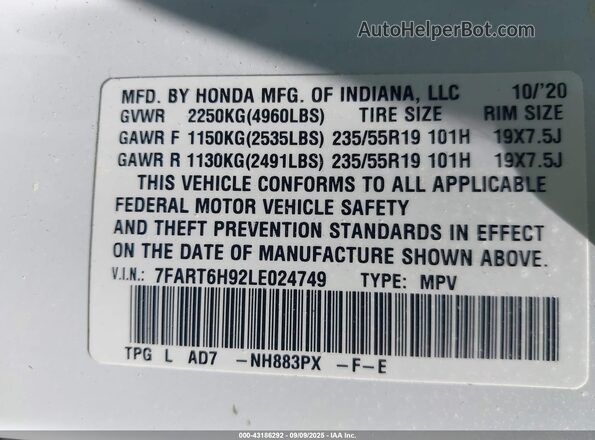 7FART6H92LE024749 2020 HONDA CR-V HYBRID White Вид підкапотного простору
