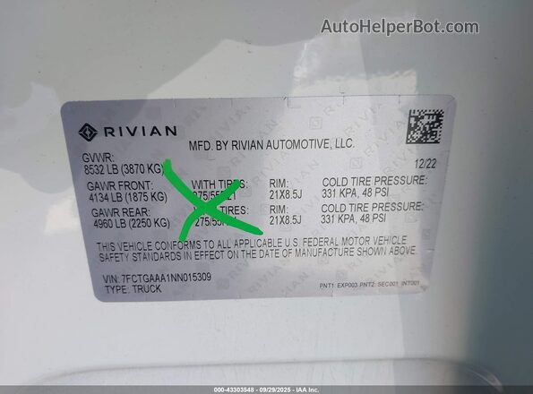 7FCTGAAA1NN015309 2022 RIVIAN R1T White Widok komory silnika