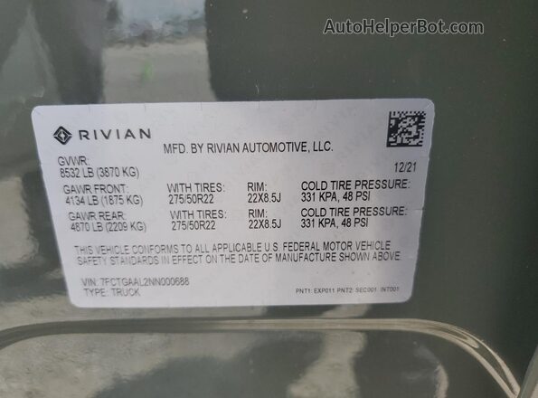 7FCTGAAL2NN000688 2022 RIVIAN R1T Green Շարժիչի բաժամունքի տեսք