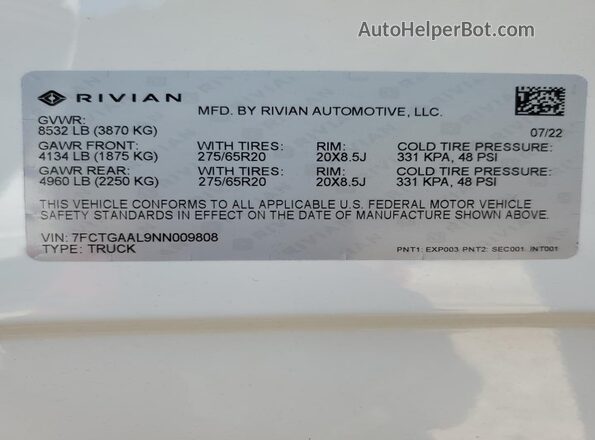 7FCTGAAL9NN009808 2022 RIVIAN R1T Белый Вид подкапотного пространства