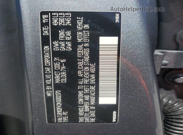 7JR102FK2KG002370 2019 VOLVO S60 Gray Շարժիչի բաժամունքի տեսք