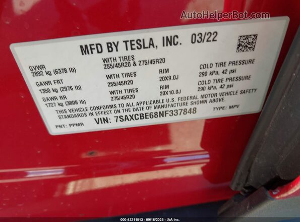 7SAXCBE68NF337848 2022 TESLA MODEL X Красный Вид подкапотного пространства