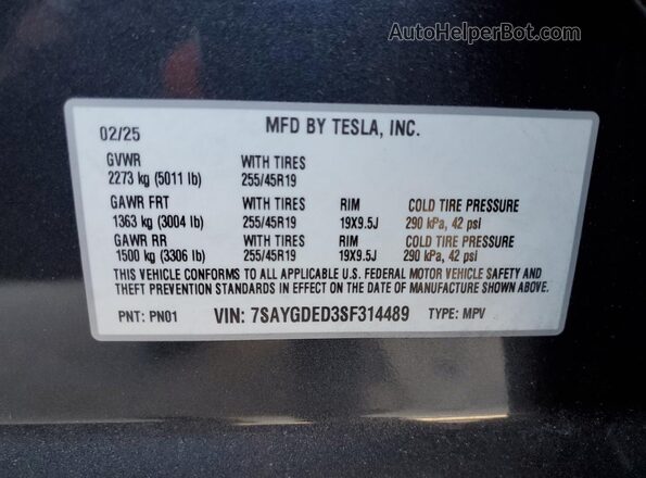 7SAYGDED3SF314489 2025 TESLA MODEL Серый Вид наклейки с VIN-кодом
