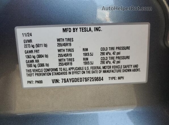 7SAYGDED7SF259884 2025 TESLA MODEL Серый Вид наклейки с VIN-кодом