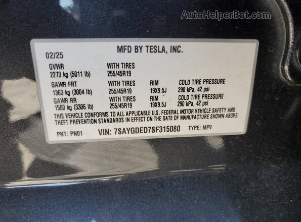 7SAYGDED7SF315080 2025 TESLA MODEL Gray VIN կոդի պիտակի տեսք