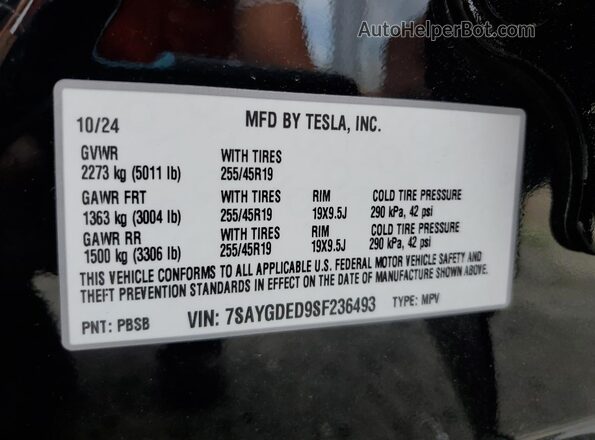 7SAYGDED9SF236493 2025 TESLA MODEL Black Вид підкапотного простору