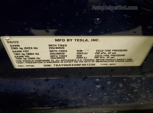 7SAYGDEE0NF481230 2022 TESLA MODEL Blue Vista de la etiqueta del VIN