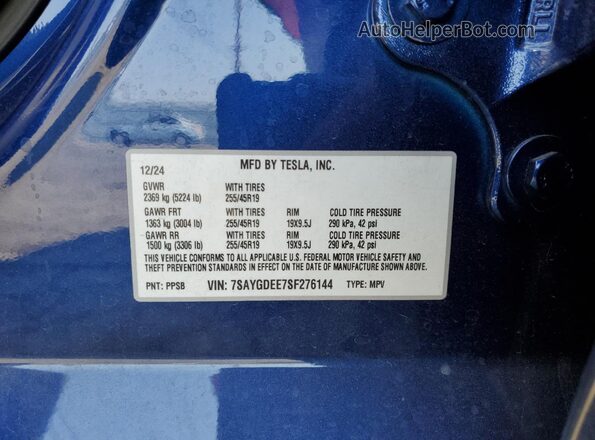 7SAYGDEE7SF276144 2025 TESLA MODEL Blue Vista de la etiqueta del VIN